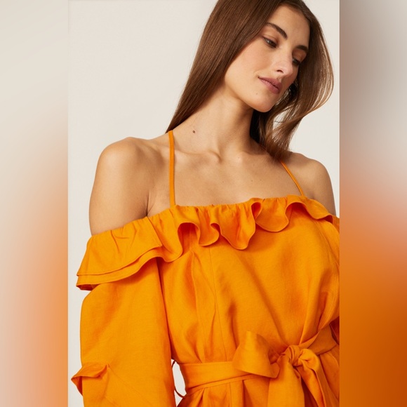 Marissa Webb Orange Cold Shoulder Ruffle Dress Linen Blend Sz 6 - Picture 4 of 6